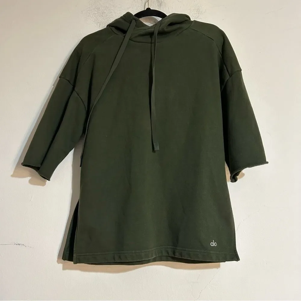Alo Yoga Falls Green Short Sleeve Pullover Sweatshirt Hoodie Size Small